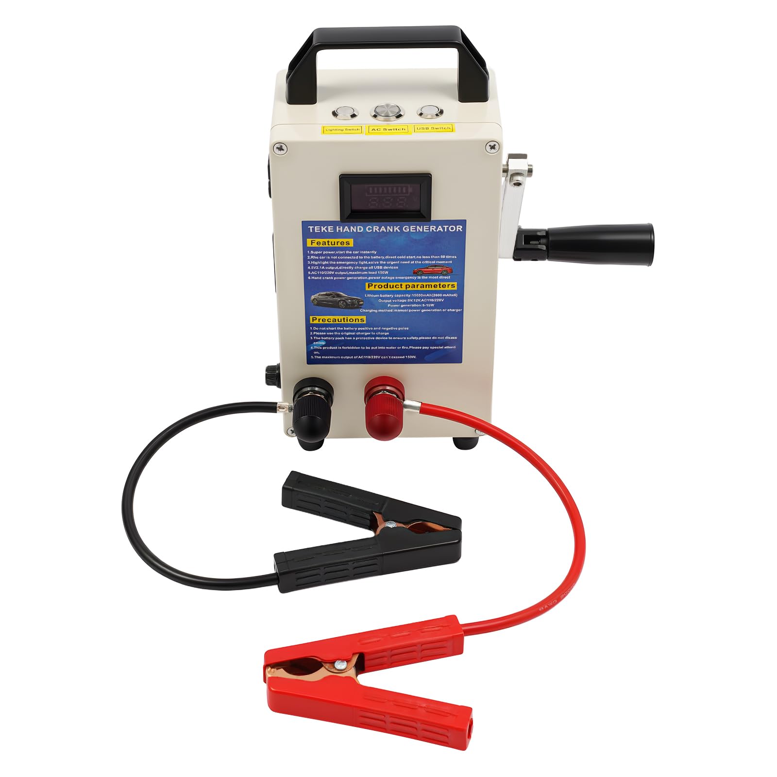 Hand Crank Generator 20A 15600mAh Portable Power Station High Power Manual Power Supply Emergency Charger with Handle Cable