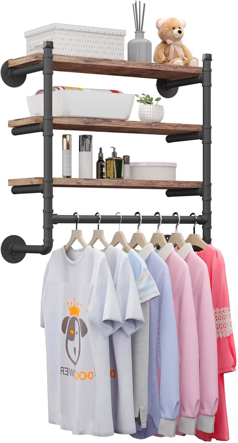 lesolar Pipe Shelving Floating Shelves Wall Shelf,Industrial Pipe Clothing Rack Wall Mounted,3 Tier Floating Shelves Iron Pipe Shelves with Towel Bar,24in Steam Punk Commercial Clothes Racks