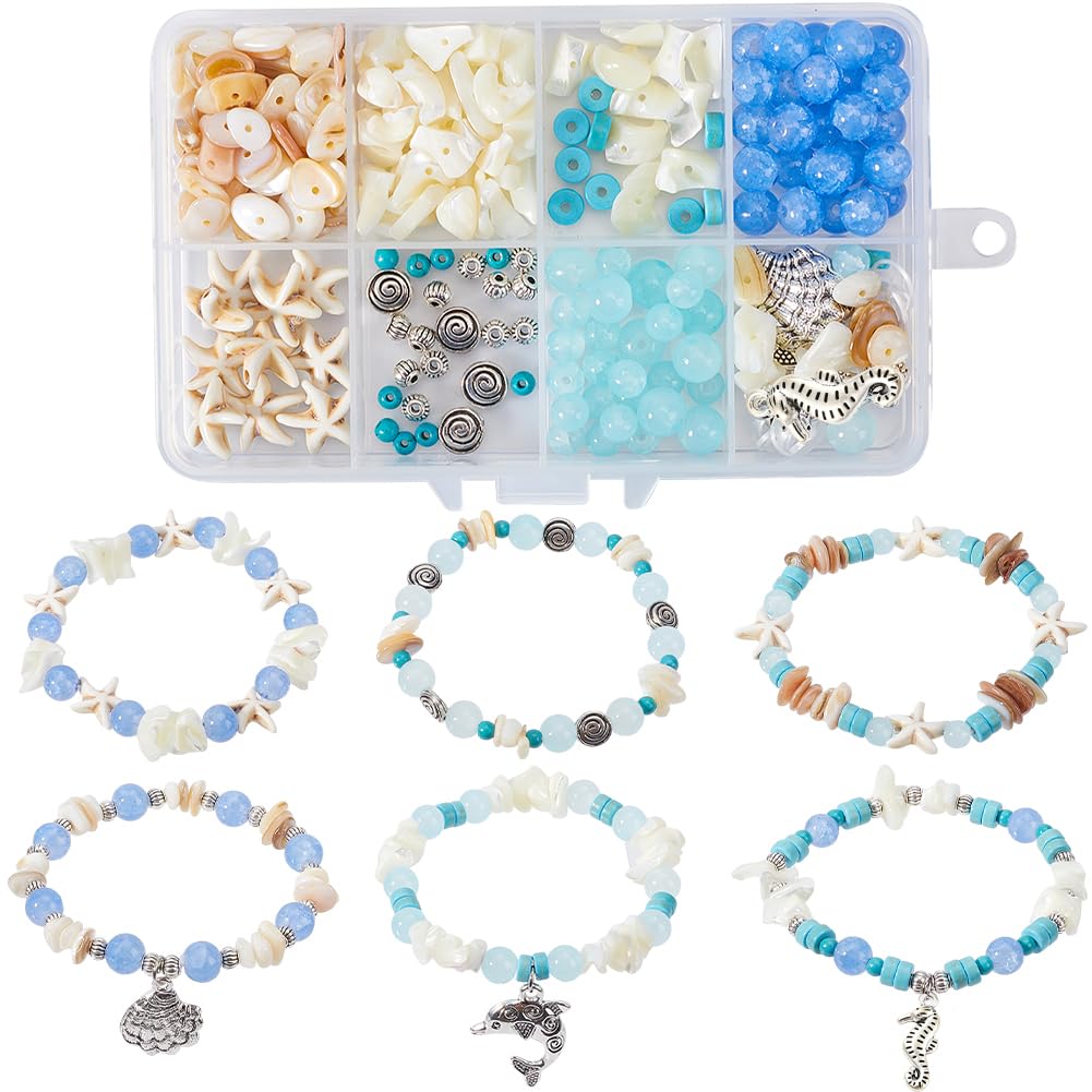 SUNNYCLUE 1 scatola 248 pezzi Fai Da Te 6 set Kit per La Creazione di Braccialetti Estivi Perline di Animali Dells'Oceano Spiaggia Oro Stella Marina Tema Marino Tartaruga Granchio Stella Conchiglia Pe