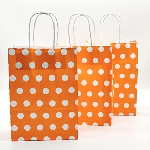 Miniatura 4 de JEYE Paquete de 12 bolsas de regalo de lunares naranjas con asa, bolsas de papel kraft de tamaño mediano a granel, bolsas de papel reciclables,