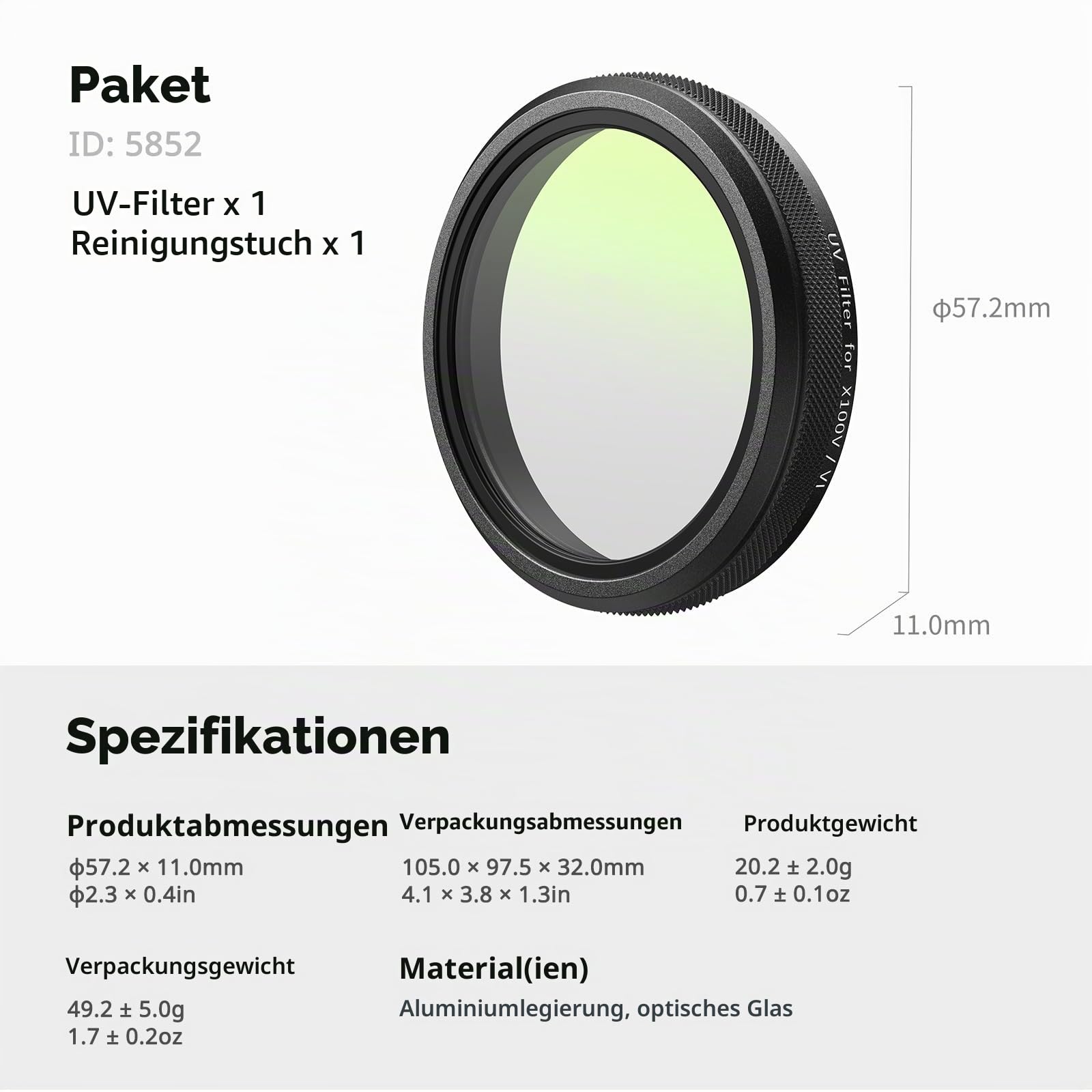 SMALLRIG UV-Filter für FUJIFILM X100VI / X100V, 99% Lichtdurchlässigkeit, optische Glaslinse, wasserdicht und Kratzfest, Leichter Aluminiumrahmen, Objektivschutzfilter, Reinigungstuch (Schwarz)-5852