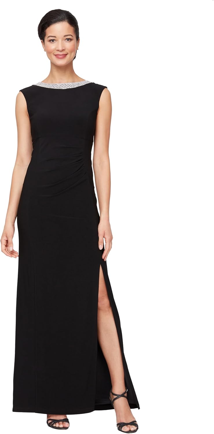 Alex Evenings Womens Long Jersey Dress with Ruched Front and Embellished Neckline (Petite and Regular Sizes)