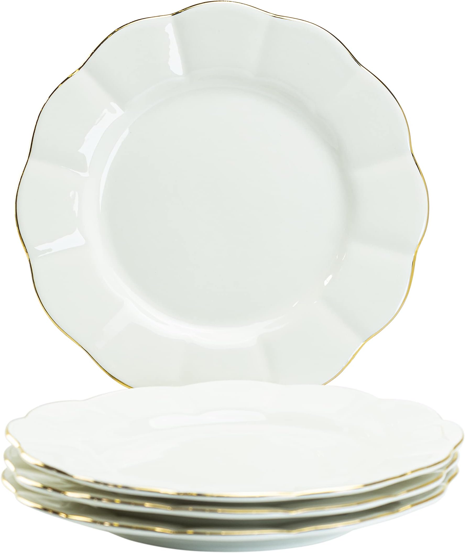 Gracie China by Coastline ImportsGracie China Porcelain White Gold Scallop Set of 4 Salad/Dessert Plates 8-Inch