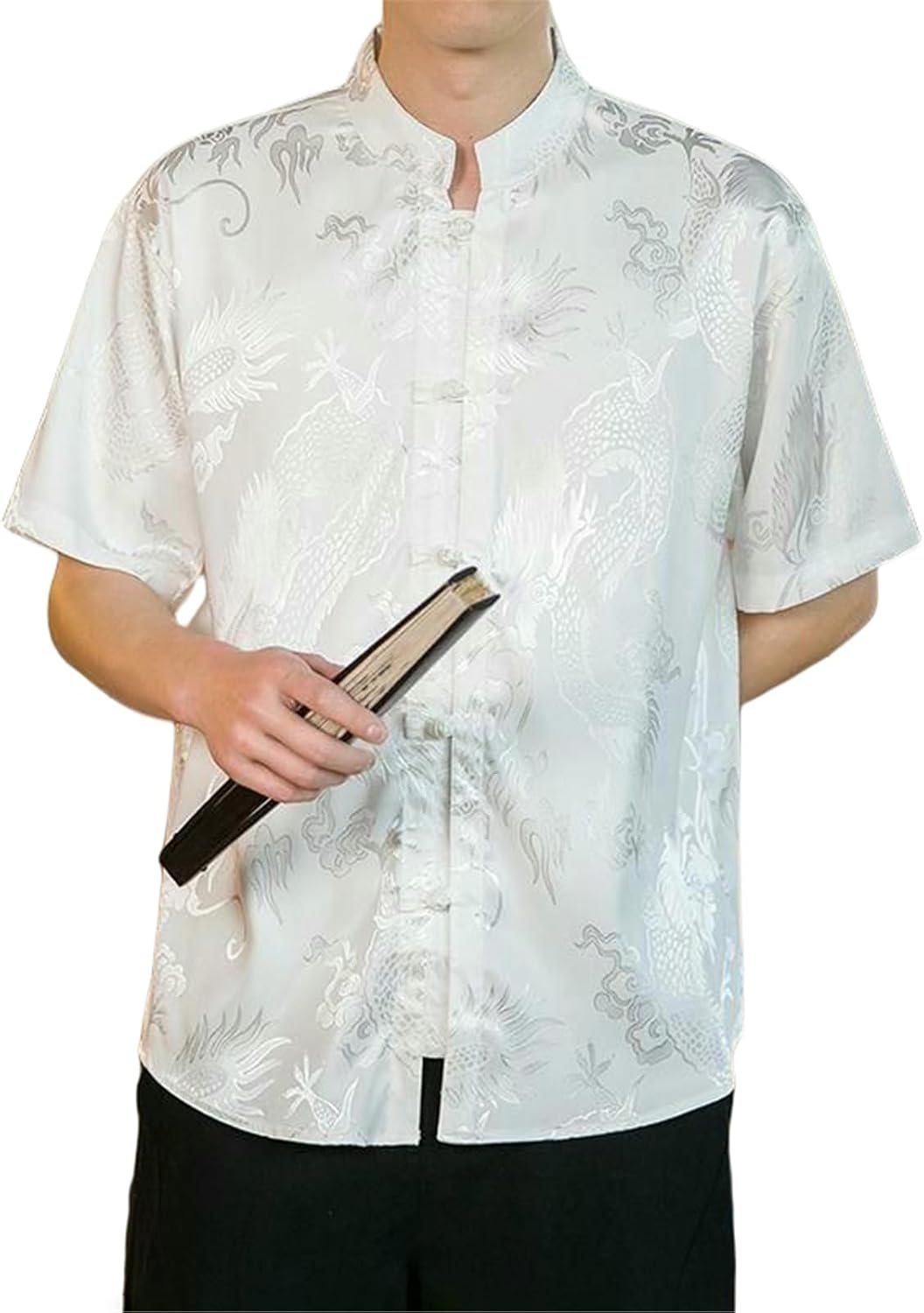 Men's Youth Chinese Style Tang Suit Red Dragon Pattern Print Stand Collar Frog Button Short Sleeve Shirt