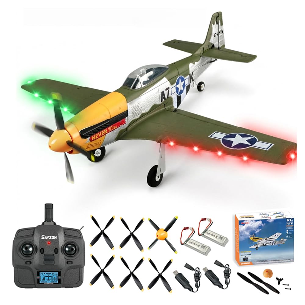 Avión RC 5CH P51D Mustang Avión RC con Radio Extraíble sin Escobillas 3D/6G 2.4GHz Aviones RC para Adultos y Principiantes con Hélice de Repuesto y Batería (2BS+LED)