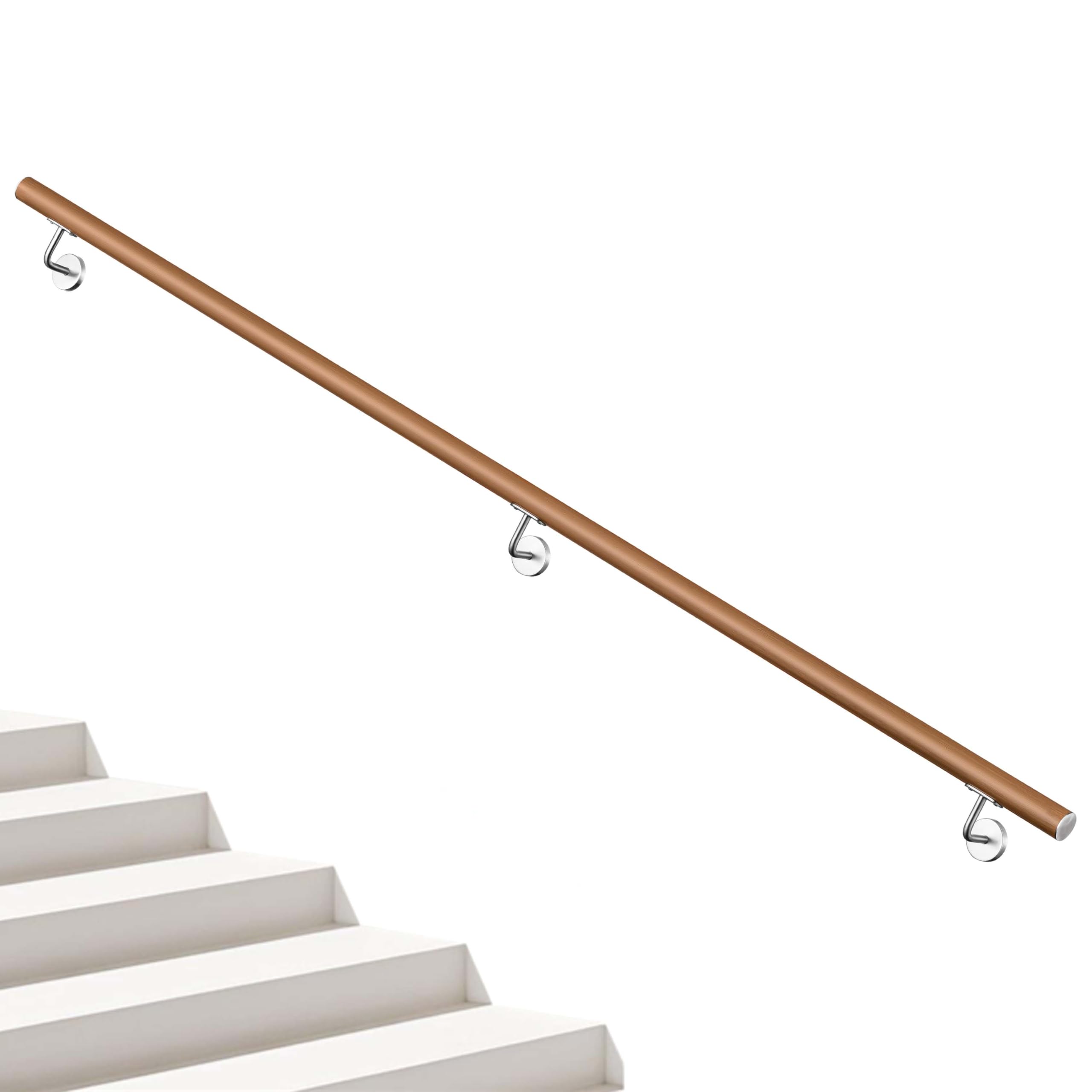 AICA Barandilla de escalera, Pasamanos de acero inoxidable 304 acabado madera marrón, 200 cm con 3 soportes, para Interior y Exterior