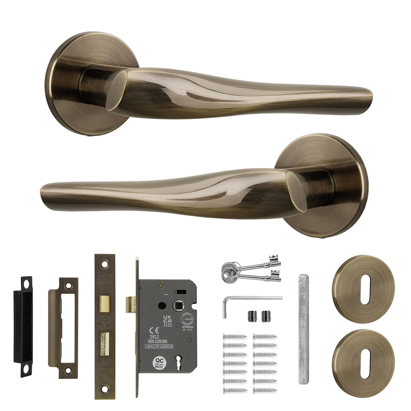 Decoranddecor Antique Brass Door Handles for Internal Wooden Doors - Aluminium Handle Sets with Lock and Keys - Nanda Range
