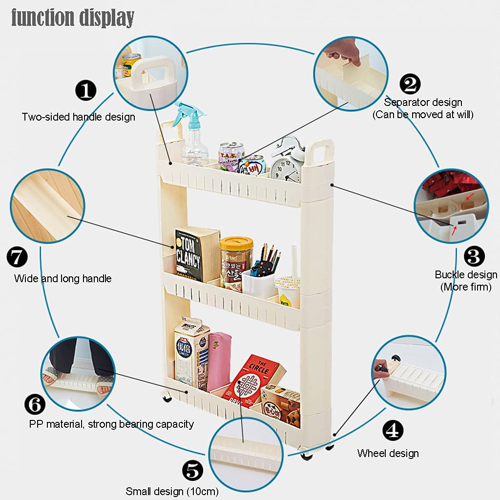 Carrello di Stoccaggio 3-Livello, 10cm Carrello Portaoggetti Scaffale con Ruote, Carrellino Salvaspazio per Cucina Bagno Lavanderia Sedili Stretti, Bianco (Size : 3 Layers - Heighten)