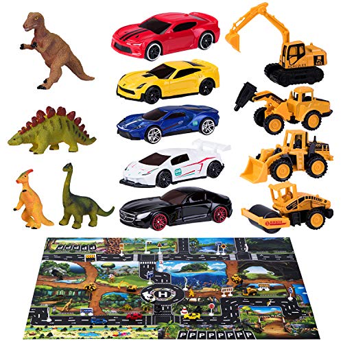 Joyjoz Coche de Juguete 40 PCS, 12 Dinosaurios Juguetes, 5 Autos de Carreras, 4 Coches de Construcción, 18 Señales de Tráfico de Bricolaje, Tapete de Juego Grande (1 * 1.3M), Regalo para Niños