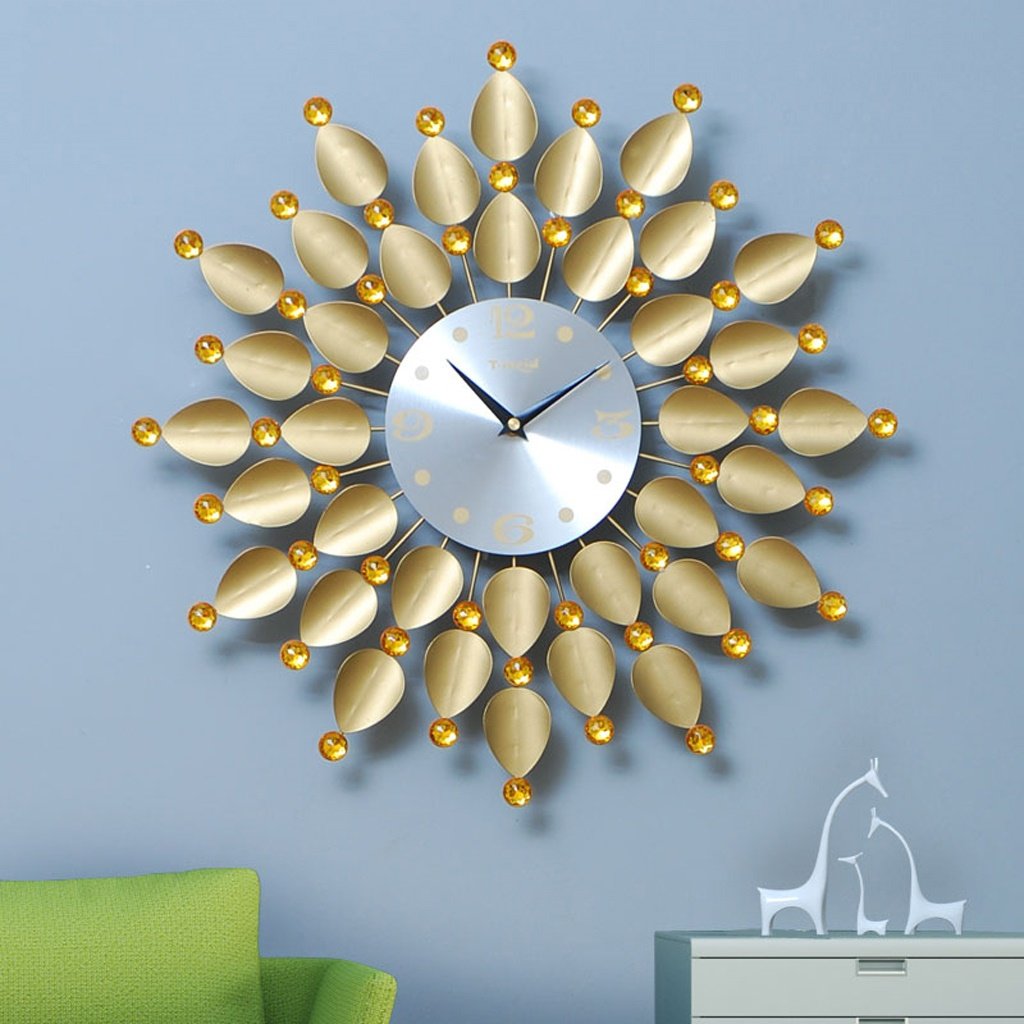 Art wall clock Wall hanging clock living room modern art creative clocks fashion quartz clock silence round large hanging table (Color : Golden large)