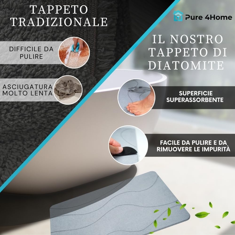 Pure 4Home Tappeto Bagno Diatomite Antiscivolo 60 x 39 cm | Tappetino Doccia Super Assorbente Asciugatura Rapida | Pietra Naturale Antimuffa | Diatomite Stone Bath Mat (Gray Waves)