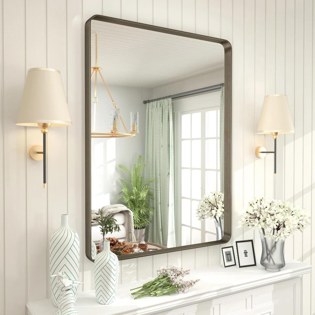 Bronze Framed Mirror, 26x36 in, brushed metal vanity