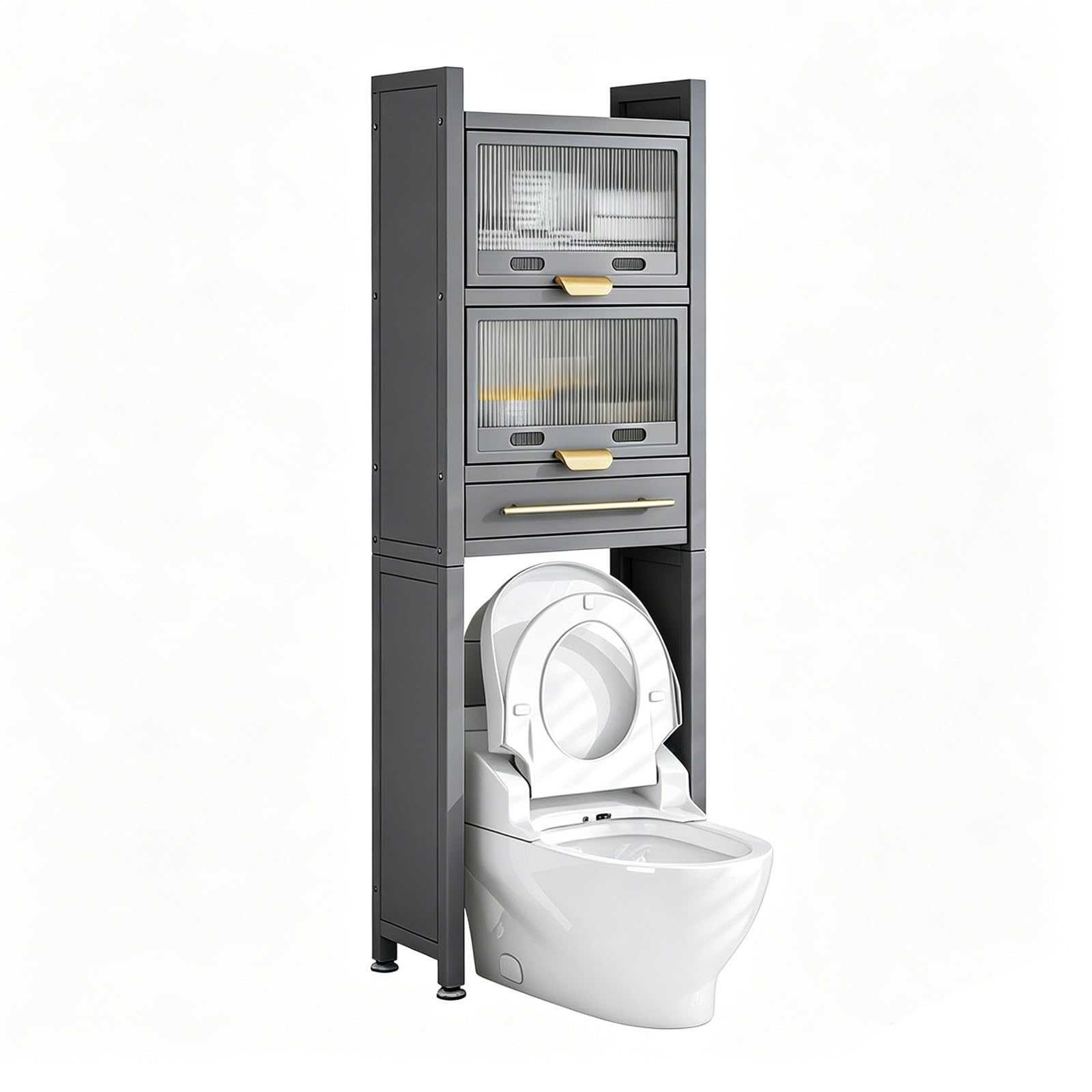 Over the Toilet Storage Rack, 4-Tier Bathroom Organizer with Adjustable Shelves & Basket, Space-Saving Metal Stand for Laundry Room & Restroom(Blk 4-Tier Tol Rack w/Drw 19.7x9.8x70.5in)