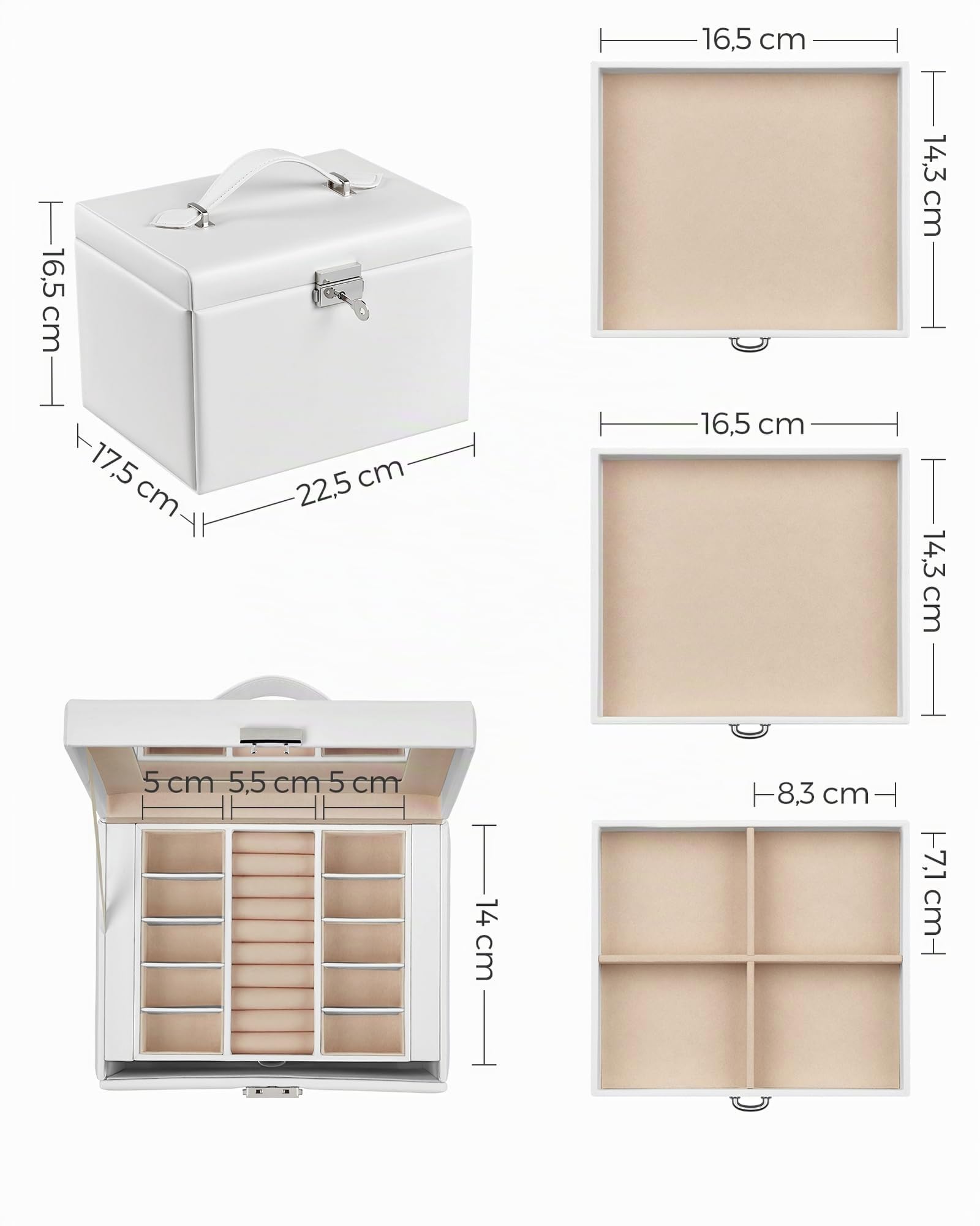 SONGMICS Caja Joyero de 4 Niveles con Asa, 3 Cajones, Espejo, Cerradura, Blanco Nube y Beige Arena JBC159W01