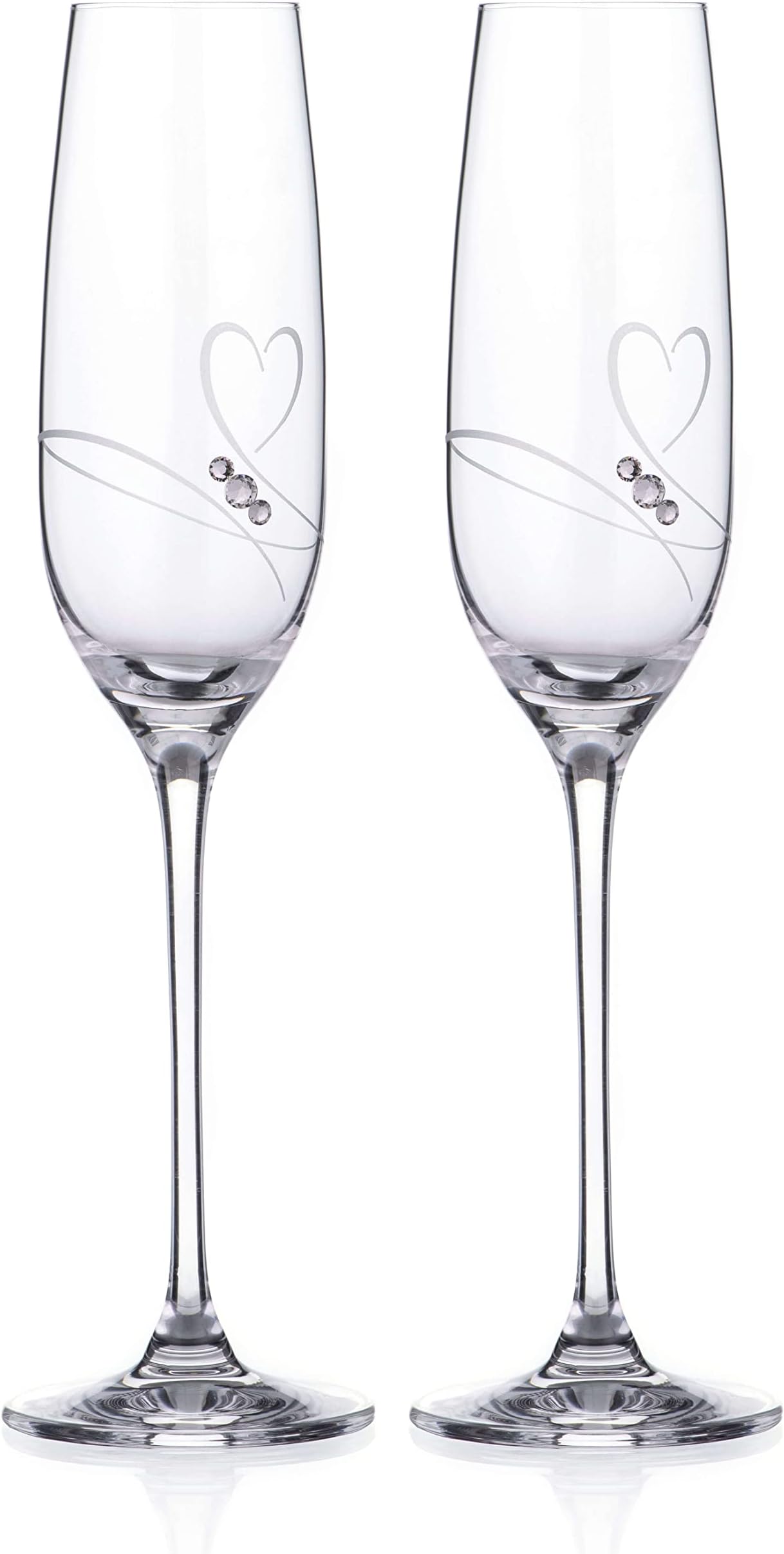 DIAMANTE Champagne Flutes Prosecco Glasses Pair with ‘Romance ’ Hand Cut Design Embellished with Crystals Set ot Two Glasses with Gift Box