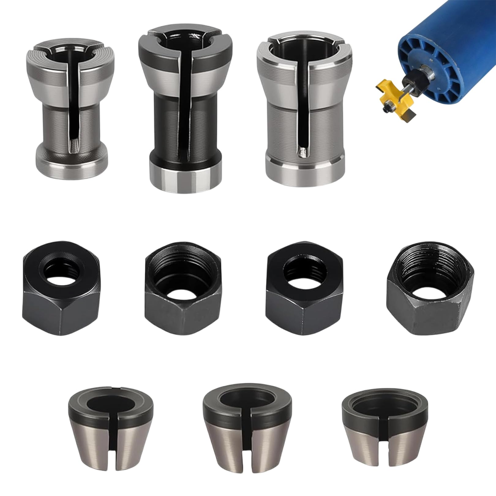 10 Stück Spannzangen Set, Oberfräsen Spannzangenfutter, Geradschleifer Ersatzspannzange, 6 Klemm-Adapter (6 mm, 6,35 mm, 8 mm) mit 4 Muttern, Hochpräzise Stahl-Spannzangenfutter für Graviermaschine