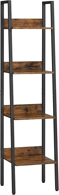 VASAGLE Ladder Shelf, 4-Tier Home Office Bookshelf, Freestanding Storage Shelves, for Living Room Bedroom Kitchen, Steel Frame, Easy to Assemble, Industrial, Rustic Brown and Black LLS108B01