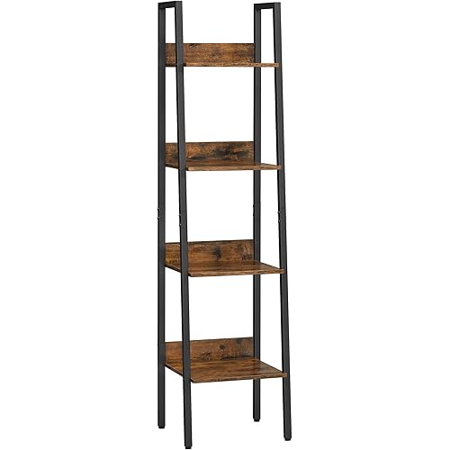 VASAGLE Bookshelf, Ladder Shelf 4-Tier, Freestanding Storage Shelves, for Home Office Living Room Bedroom Kitchen, Steel Frame, Simple Assembly, Industrial, Rustic Brown and Black ULLS108B01