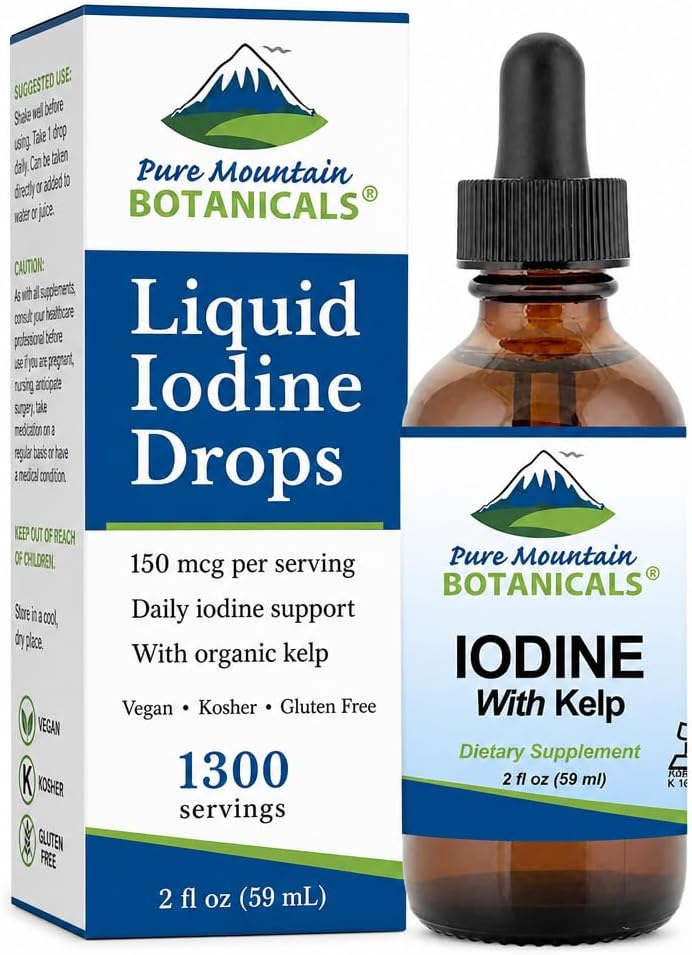 Liquid Iodine 0.3% Solution 2oz - Liquid Supplement with Organic Kelp - Kosher Vegan Iodide Drops Solution
