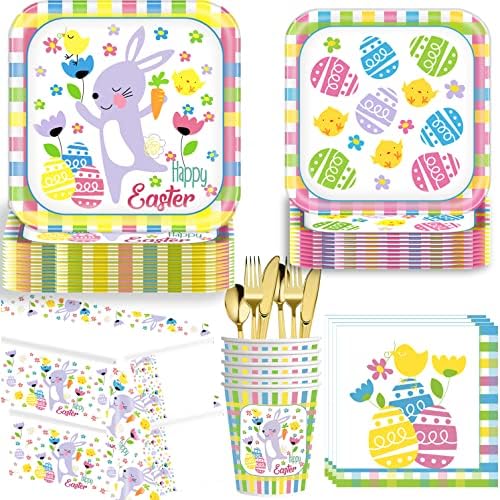 PAMMYAN Easter Buuny Party Supplies Tableware Set - 25 Set Happy Easter Dinnerware Tablecloth Set - Egg Paper Plates Napkins Cups, Gold Plastic Forks Knives Spoons for Spring Holiday Party