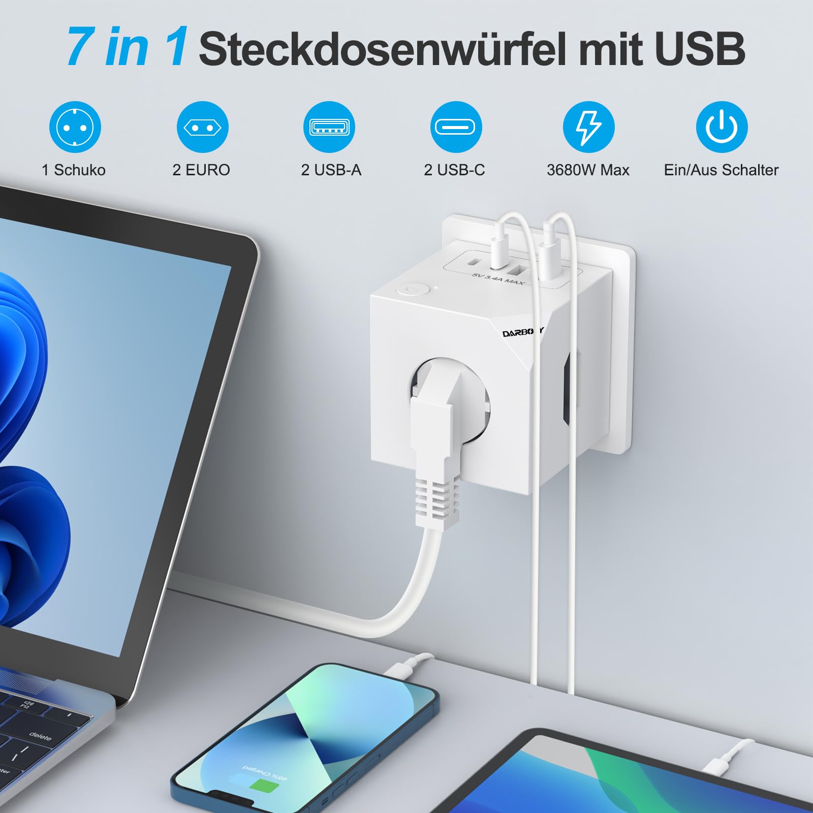 7-IN-1Steckdosenwürfel ohne Kabel and 4 Fach Flachstecker Mehrfachsteckdose 4 Fach Flachstecker Mehrfachsteckdose
