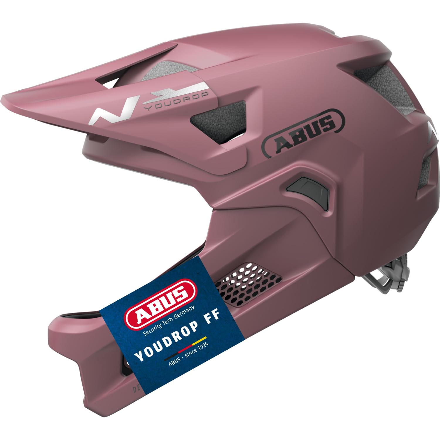 ABUS YouDrop FF - Casco de Bicicleta de montaña para niños y jóvenes, para iniciar el Ciclismo de montaña, con Protector de Barbilla Desmontable, Color Rojo, Talla S