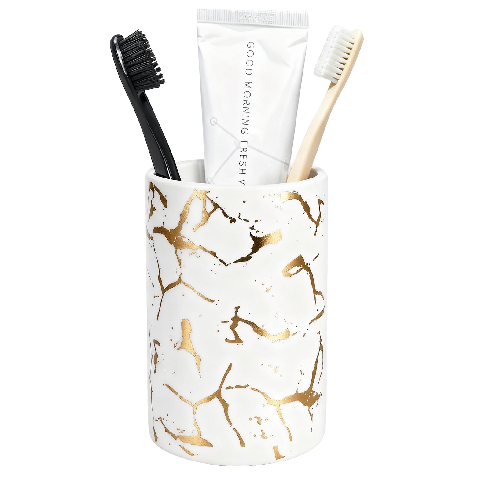 Gold Marble Bathroom Toothbrush Holder, Bathroom Black and White Ceramic Toothbrush Holder, Modern Toothbrush Box, Used for Bathroom countertop Storage Rack, Gold Marbling Bathroom Decoration (White)