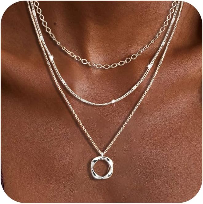 Cuzmly Layered Silver Necklaces for Women, 925 Sterling Silver Stackable Choker Necklaces for Women Trendy Layering Circle Pendant Chain Necklace Set Jewelry Gifts for Women Teen Girls, Brass, No