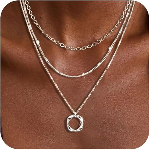 Layered Silver Necklaces for Women, Sterling Silver Stackable Stack Choker Necklaces for Women Trendy Layering Circle Pendant Chain Necklace Set Jewelry for Women