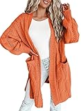 Dokotoo Long Cardigans for Women's Open Front Lightweight 2023 Chic Side Split Fall Twist Cable Knit Plus Size Sweaters with Pockets Outerwears,Orange Medium