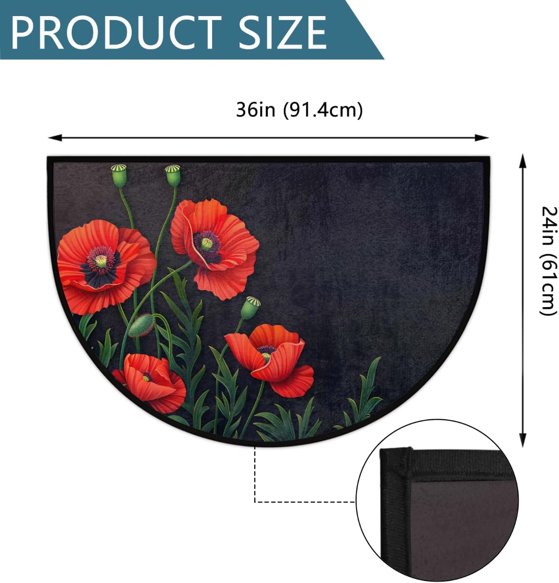 Flower Floral Poppy Half Round Doormat Washable Semi Circle Rug Non Slip Half Moon Rug Floor Mat for Indoor Outdoor Bathroom Kitchen Fireplace Entryway Bath Holiday Decor