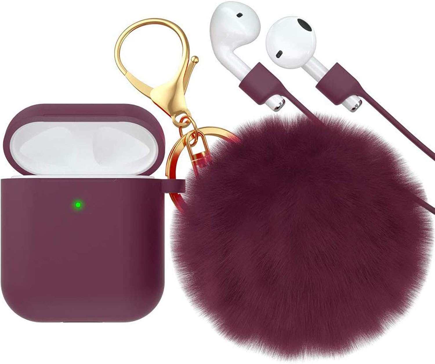 CTYBB for Airpod Case,Silicone Airpods Case Cover with Fur Ball Keychain Compatible with Apple Airpods 2/1 (Front LED Visible) Wine Red