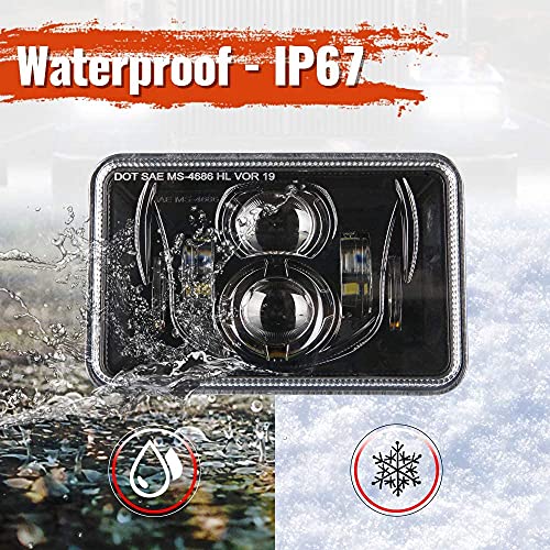 Image of BICYACO 1 Pair 4x6 Inch LED Headlights 60W High Low Beam H4651 H4652 H4656 H4666 H6545 Projector Lens for Peterbilt Kenworth Freightinger Ford 1985-1997 S10 Probe Oldsmobile Cutlass- Black