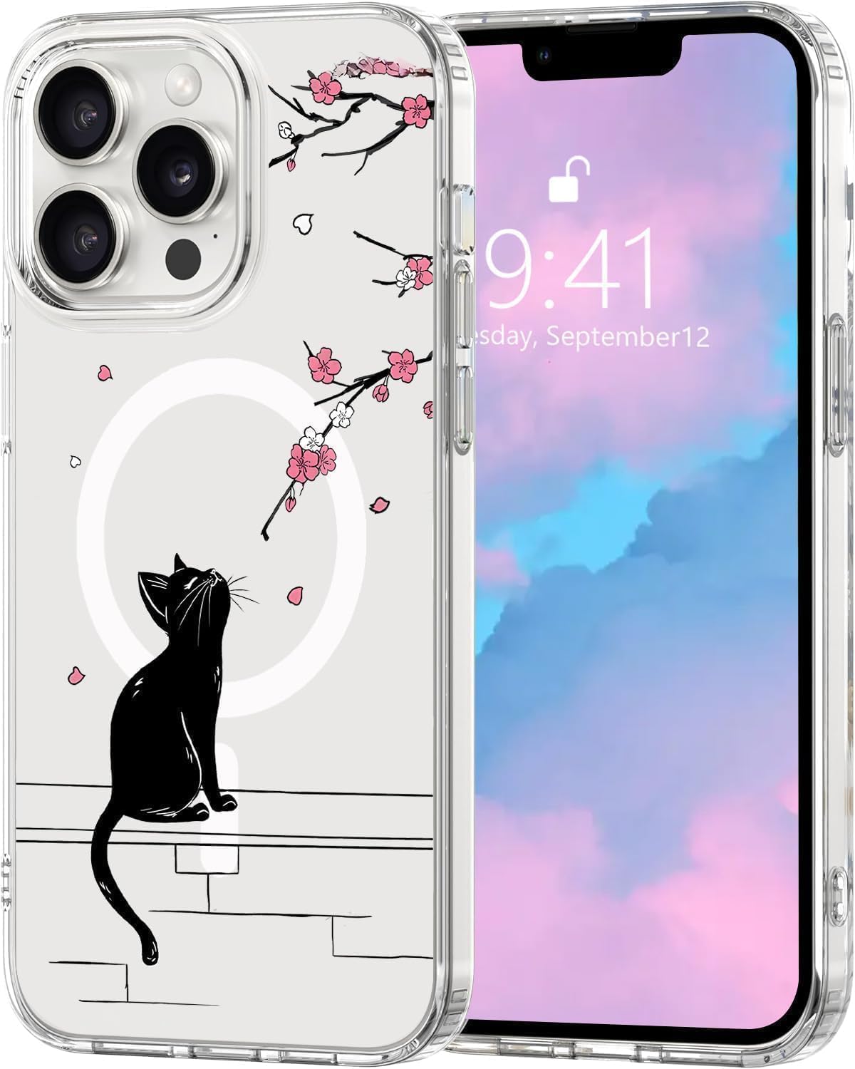 Magnetic Black Cat for iPhone 12/12 pro Case, Cute Kawaii Girly Cat Cherry Blossom Magnetic Phone Case Compatible with MagSafe, Clear Soft Slim Case for Women Girls for iPhone 12/12 pro