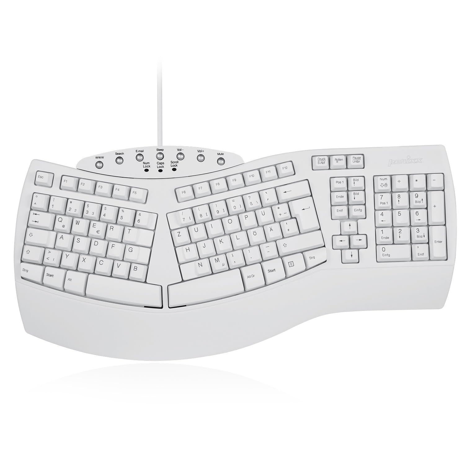Perixx PERIBOARD-512 Verkabelte Ergonomische Natur-Split-Tastatur, 7 Multimedia-Tasten, USB-Verbindung, Weiß, QWERTZ Deutsches Layout