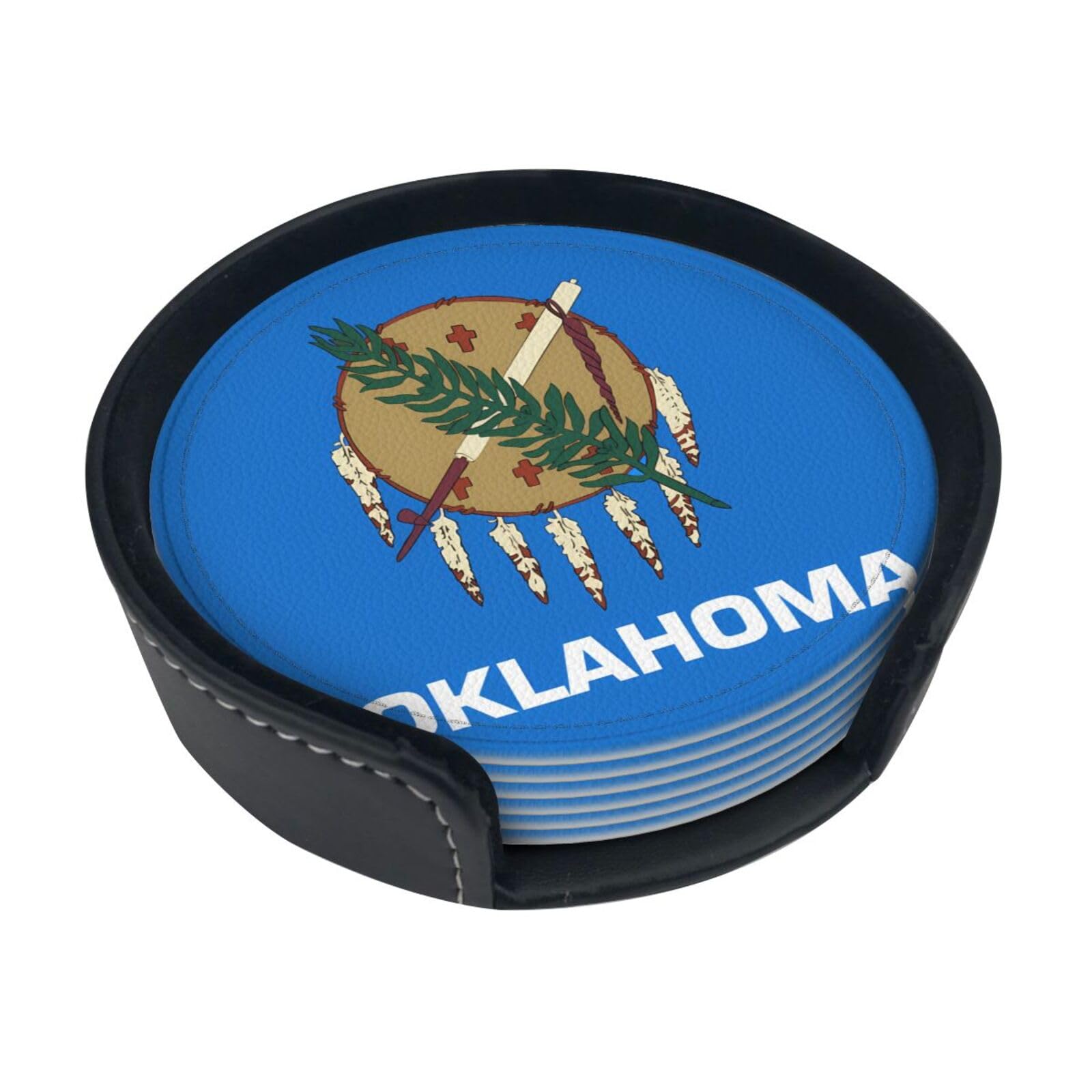 Cntdbu White Oklahoma State Flag Leather Coasters Set Of 6-Pu Leather Drink Mats For Table, Heat Resistant Round Coasters With Holder