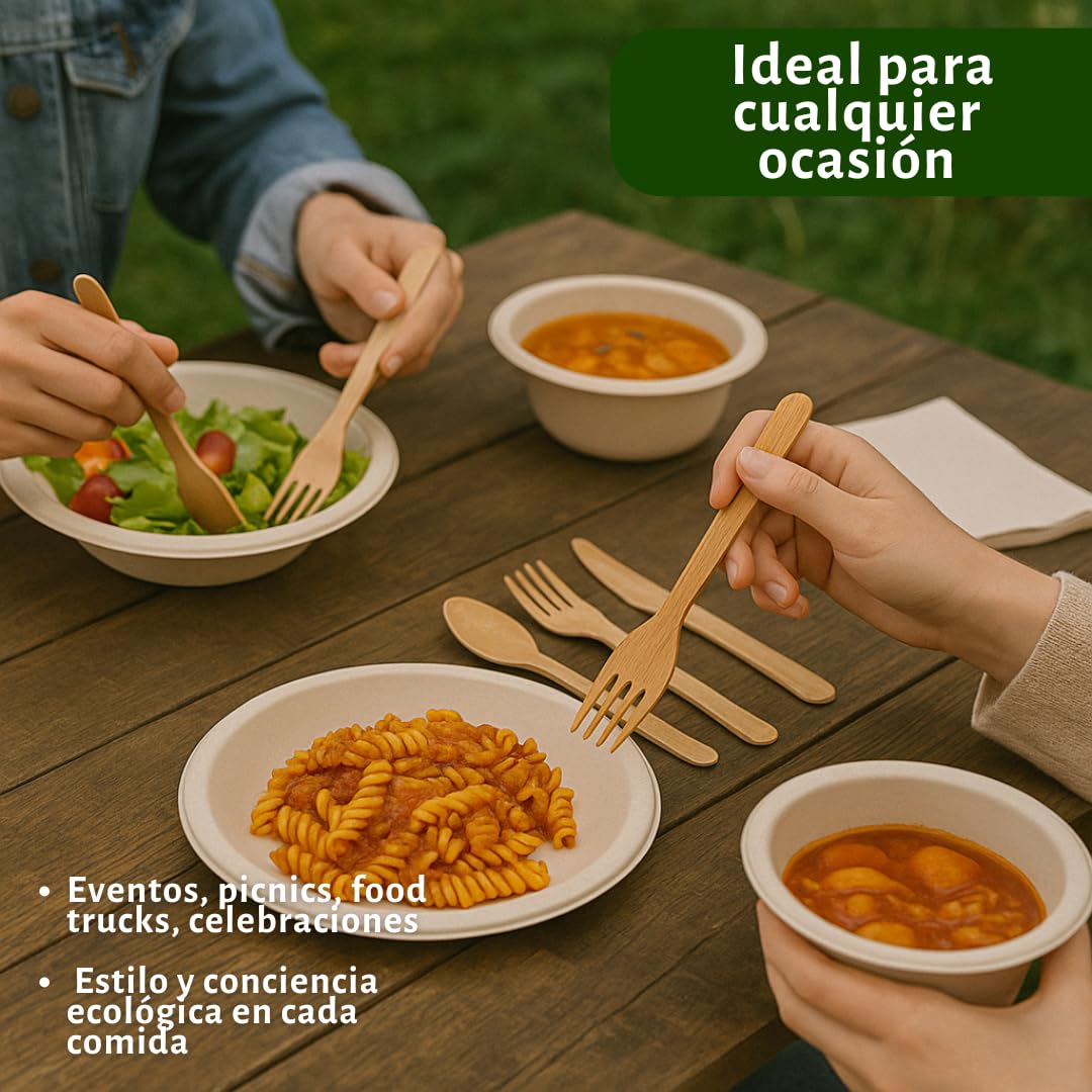 Pack Vajilla Desechable Ecológica para 100 Personas – 600 Piezas Compostables | Platos y Bowls de Caña de Azúcar, Cubiertos de Madera Encerada, 100 Servilletas 20x20 | Biodegradable
