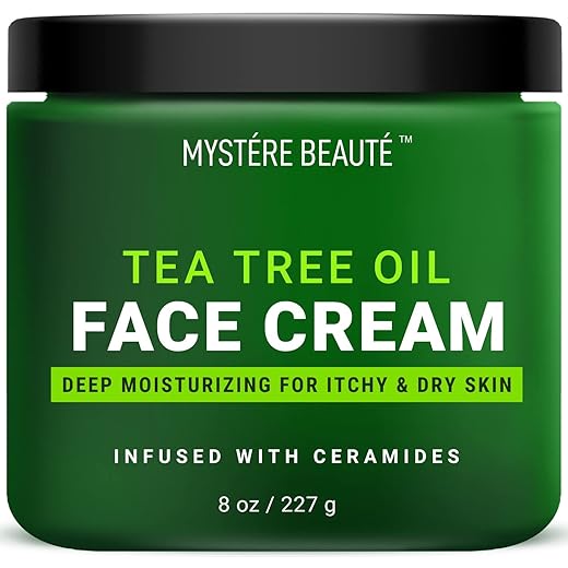 MYSTÉRE BEAUTÉ Tea tree Oil Face Cream Infused with Therapeutic Essential Oils and Vitamin C, Boosts Complexion, Lightens Look of Scars, Soothes Acne, Visibly Reduces Wrinkles - 8 oz