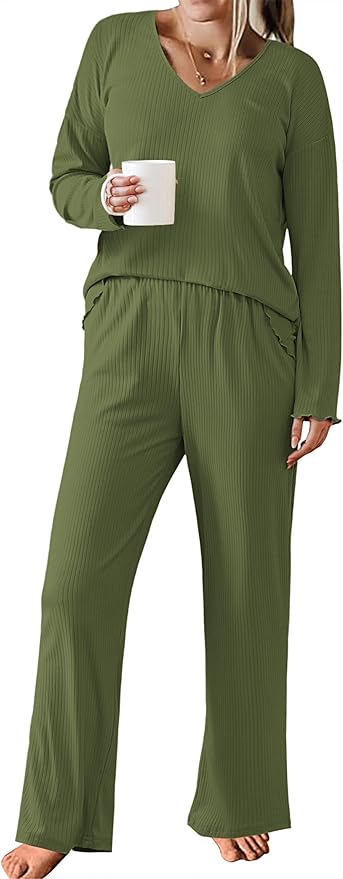 Ekouaer Womens Ribbed Knit Pajamas Set V Neck Long Sleeve Pj Set 2 Piece Loungewear Casual Sleepwear