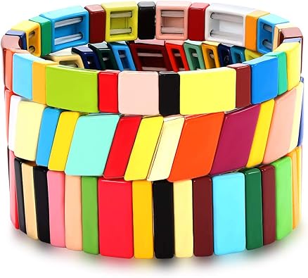 NVENF Tile Bracelets Enamel Rainbow Tile Bead Bracelets Colorblock Stackable Stretch Bracelets Bohemia Tile Strand Bangle Bracelet Set for Women Men