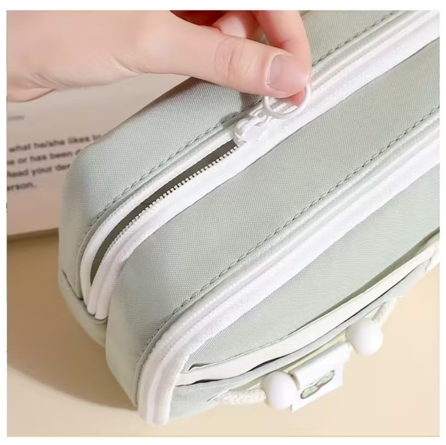 Image of Invite Enterprise Cute Cartoon Double Zipper Pencil Pouch for Girls & Boys - Large Capacity School Stationery Organizer with Front Pocket, Waterproof Fabric Pen Case for Students (Green)