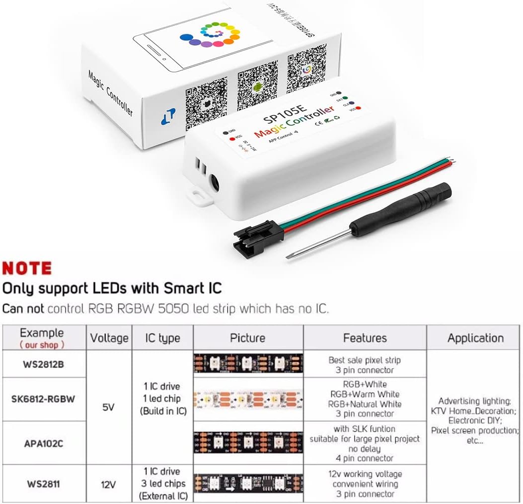 SP105E WS2811 Bluetooth Led Controller DC5-24V App Wireless Control, Addressable LED Pixel Controller for Ws2811 WS2812B SK6812 Led Strip Lights Fairy String Module Panel Light