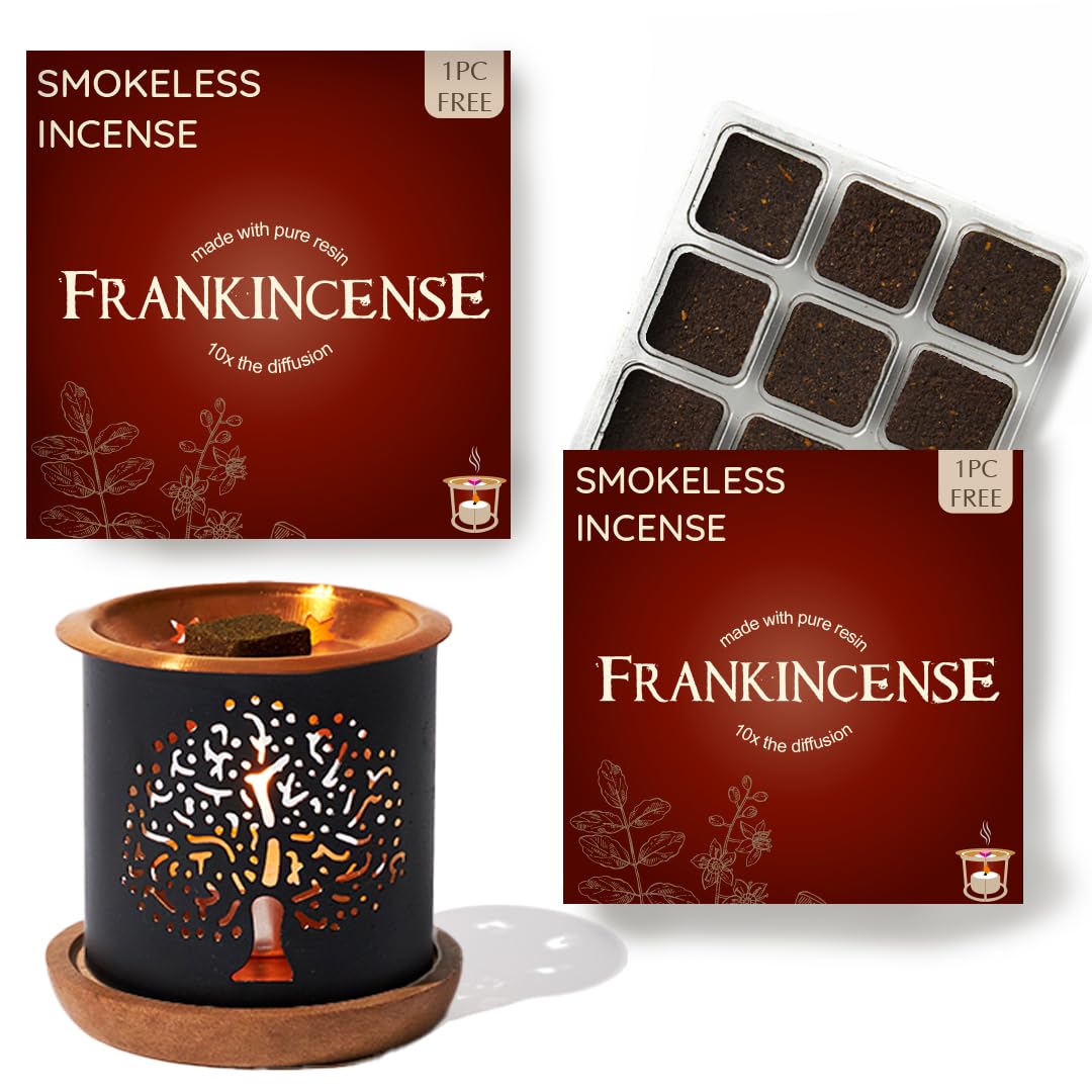 Frankincense Incense Bricks & Tree of Life Exotic Burner by Aromafume | 2 Trays x 9 bricks | Boswellia Carterii & Boswellia Serrata Extract, Native to East Africa & India | Low-smoke & Non-toxic