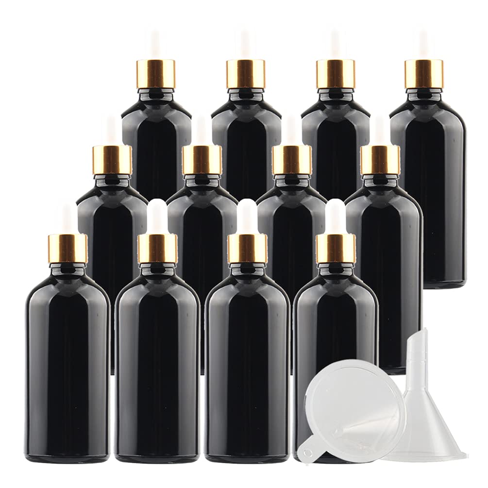 12 Stück 100 ml Leere Glanz Schwarz glasflasche Tropfflasche Pipettenflaschen mit Glaspipette, 100ml Glasflasche mit Tropfpipette mit Gold Schraubverschluss für ätherische Öle, Parfüm Öle