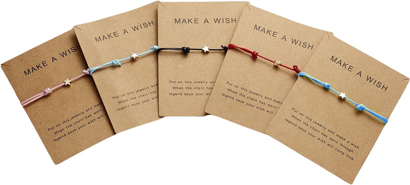 COLORFUL BLING 5Pcs/Pack Braided Star Bracelet with Wish Card Adjustable Heart Shaped Wrist Bangle for Women Friendship BFF Jewelry
