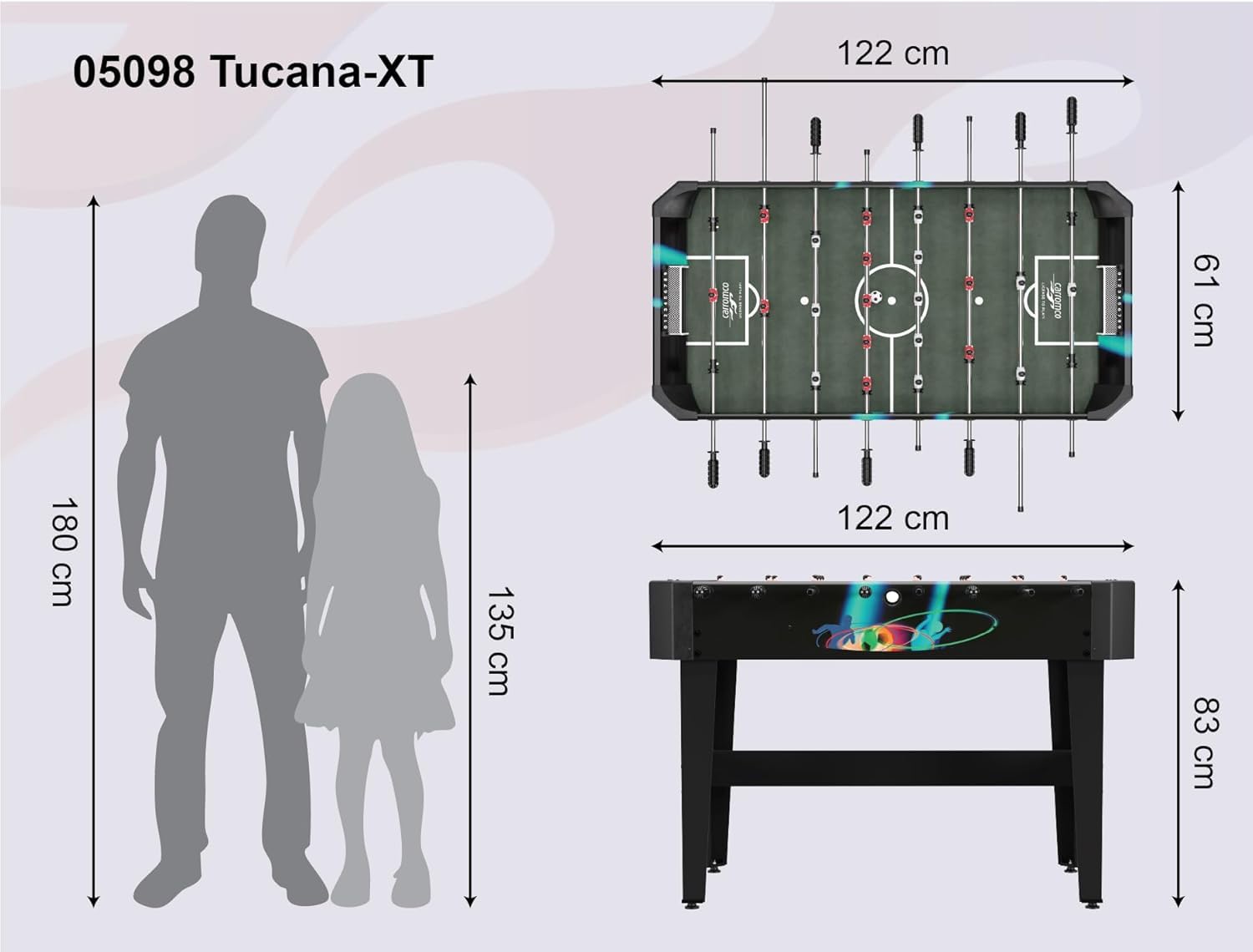 Carromco Tucana-XT Tischkicker in Schwarz | Kompakter Familien Kicker | STABILER FAMILIEN-KICKER 122x61x83cm: Kickertisch für Kinder, Jugendliche & Erwachsene. Inkl. 2 Bällen mit 32mm Durchmesser
