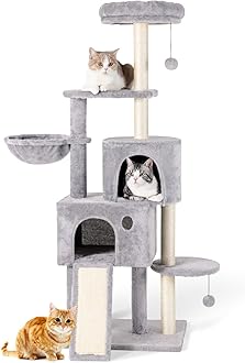 TSCOMON 59" Large Cat Tree Tower for Indoor Cats Soft Plush Multi-Level Cat Condo House with Hammock, 2 Cat Cave, Scratching Post, Sisal Staircase, Light Grey