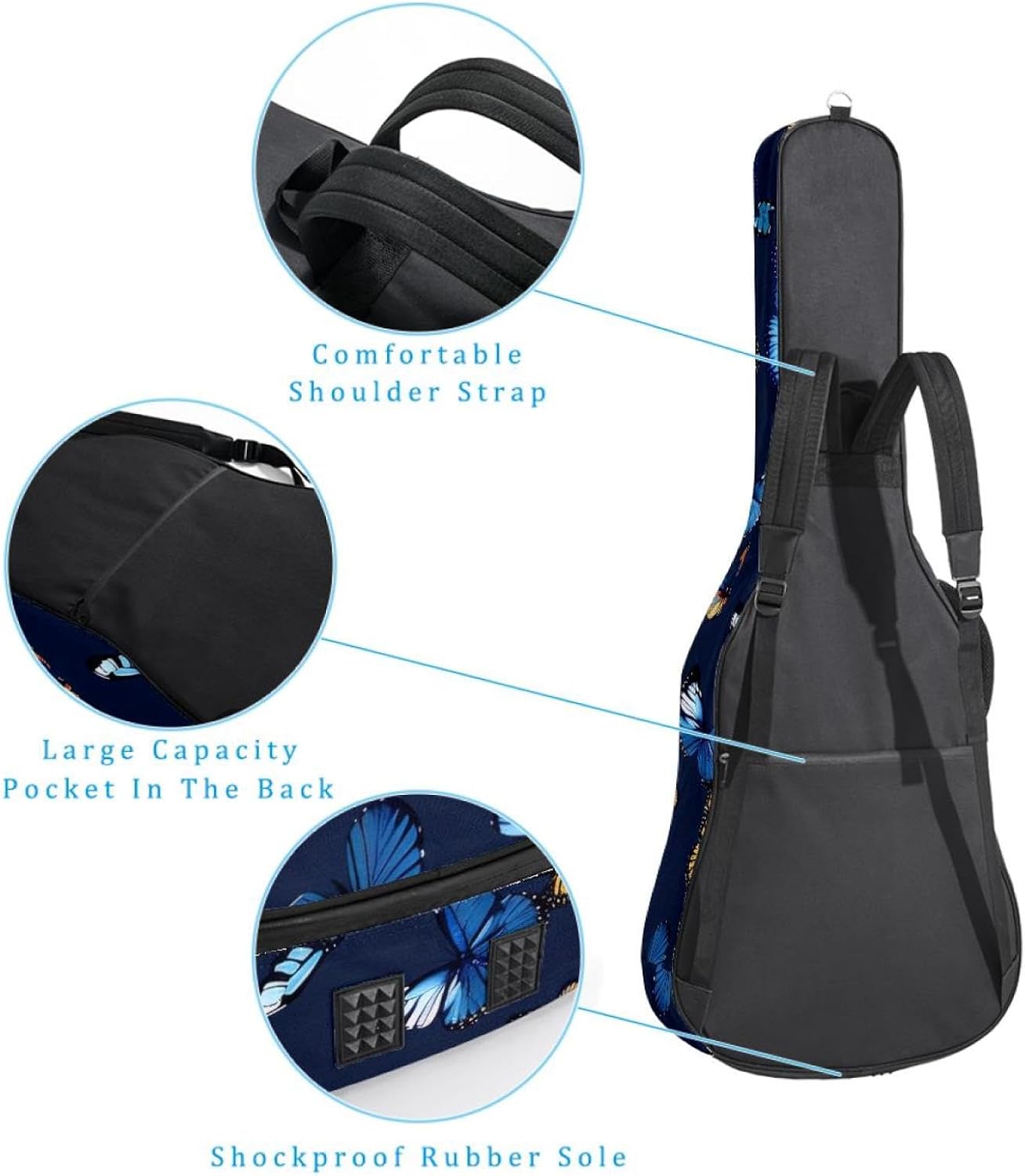 Acoustic Guitar Gig Bag 1 cm Thick Padding, Waterproof Electric Guitar Bag 40-42 Inch Guitar Case Backpack with Dual Shoulder Strap, Warecolor Blue and Yellow Butterflies Pattern