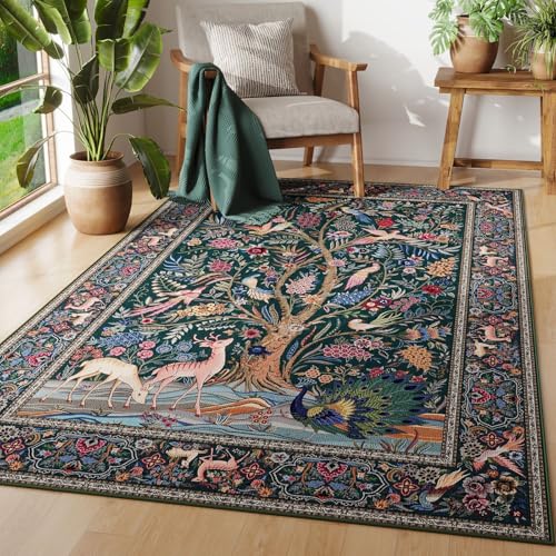 Rugcomf Area Rugs 4x6 Vibrant Tree of Life-Patterned Vintage Washable Rugs Non Slip Low Pile Small Carpet for Bedroom Bedside Kids Room Office Dining Room, Green