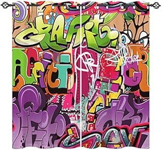 ANHOPE Graffiti Curtains Eyelet 80% Blackout Room Darkening Curtains with Modern Street Abstract Hip Hop Print Pattern Light Blocking Window Drapes for Bedroom Living Room 46 x 54 Inch Drop 2 Panels